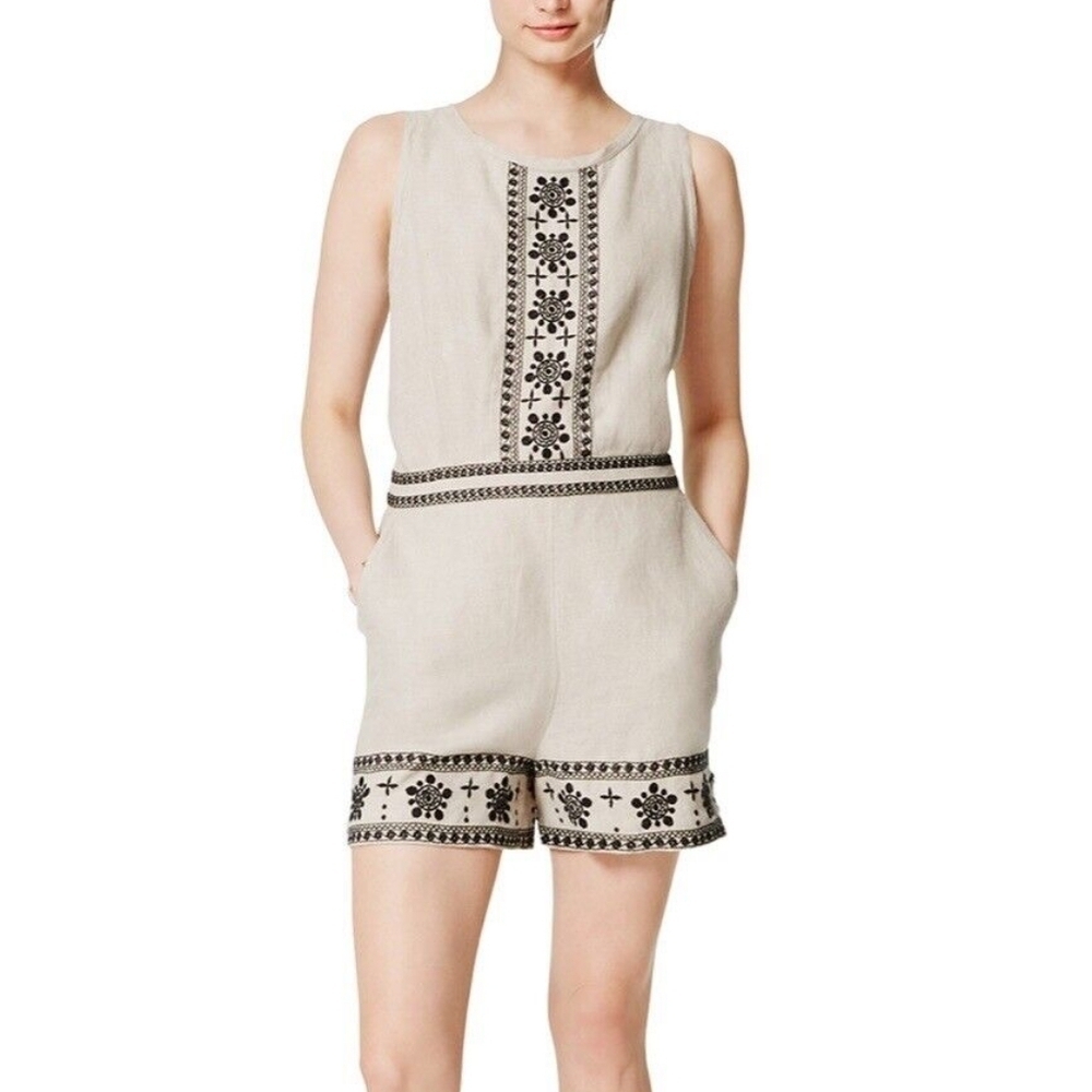 LOFT 100% Linen Khaki Tan Black Embroidered Sleeveless Romper Pockets Boho - Picture 4 of 13